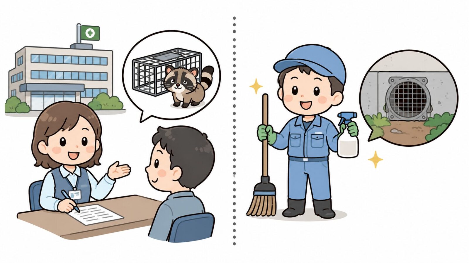 さいたま市の相談・捕獲対応と民間業者の清掃・封鎖作業の役割分担を比較したいらすとや風イラスト