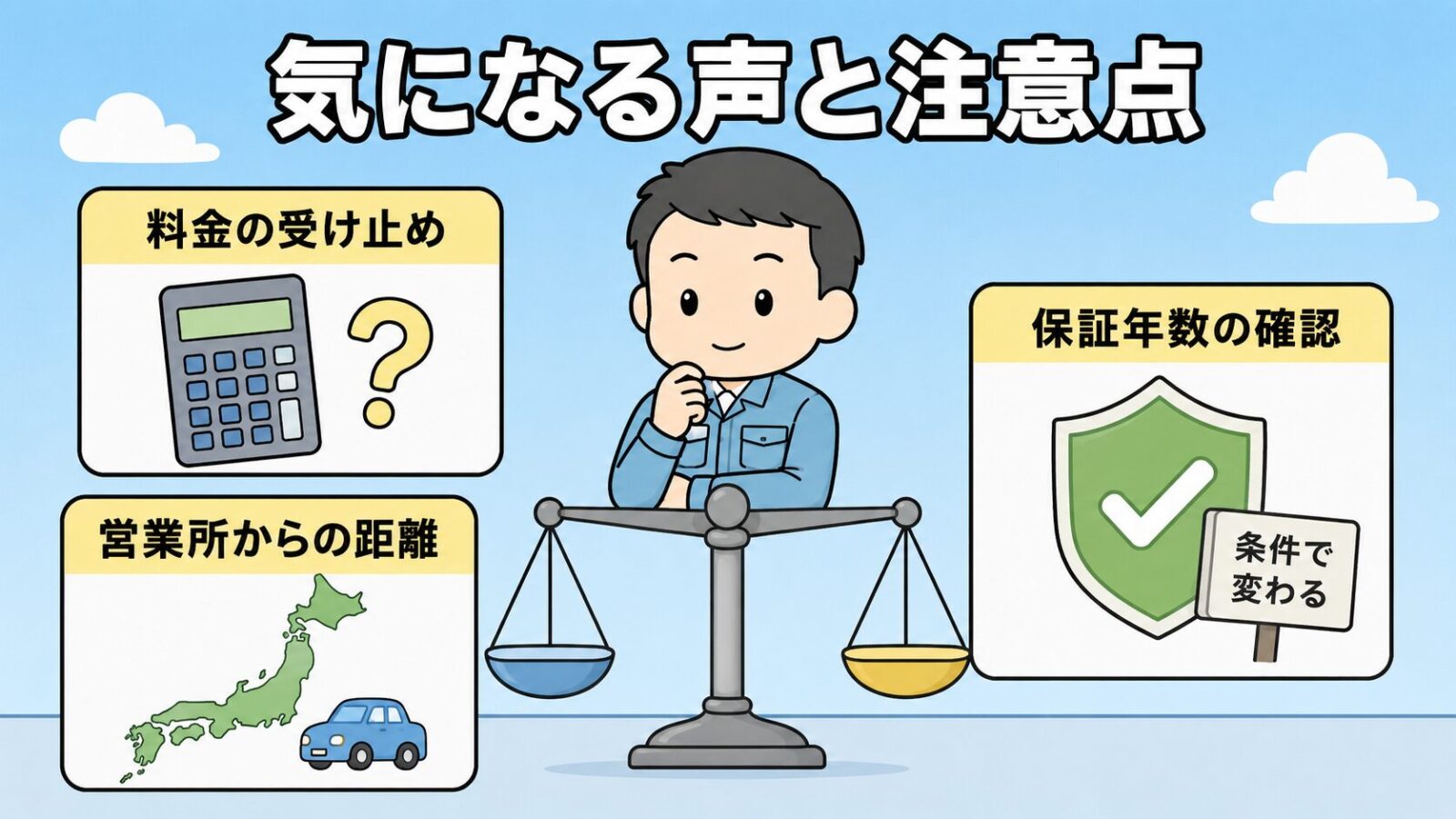 駆除ザウルスの気になる評判と注意点の図解。料金が想定より高かったと感じる声、営業所のない地域での対応確認、保証年数が施工内容で変わる点の3つを、天秤で中立に見比べる守谷タクミのいらすとや風イラスト。