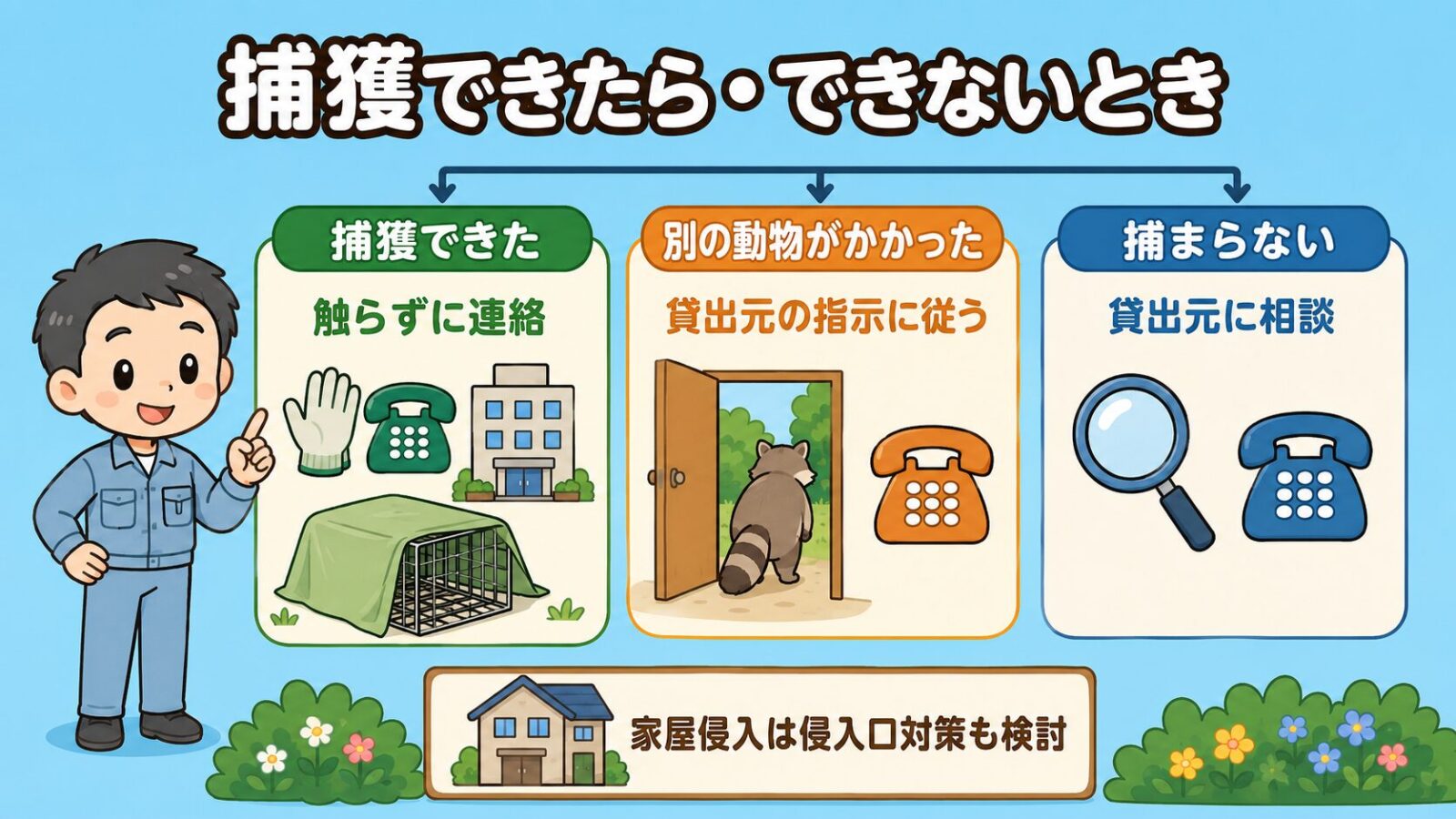 アライグマを捕獲できたときとできないときの対応の図解。<br><br>捕獲時は素手で触れず指定先へ連絡すること、対象外の動物は自己判断せず貸出元の指示に従うこと、捕まらないときは自己判断で動かさず相談することを、分岐図で守谷タクミが説明するいらすとや風イラスト。