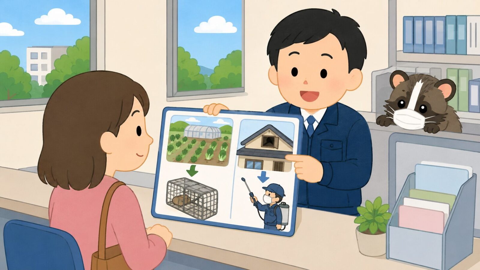 成田市の農作物被害は農政課・家屋被害は業者という有害鳥獣対応の役割分担を描いたいらすとや風イラスト