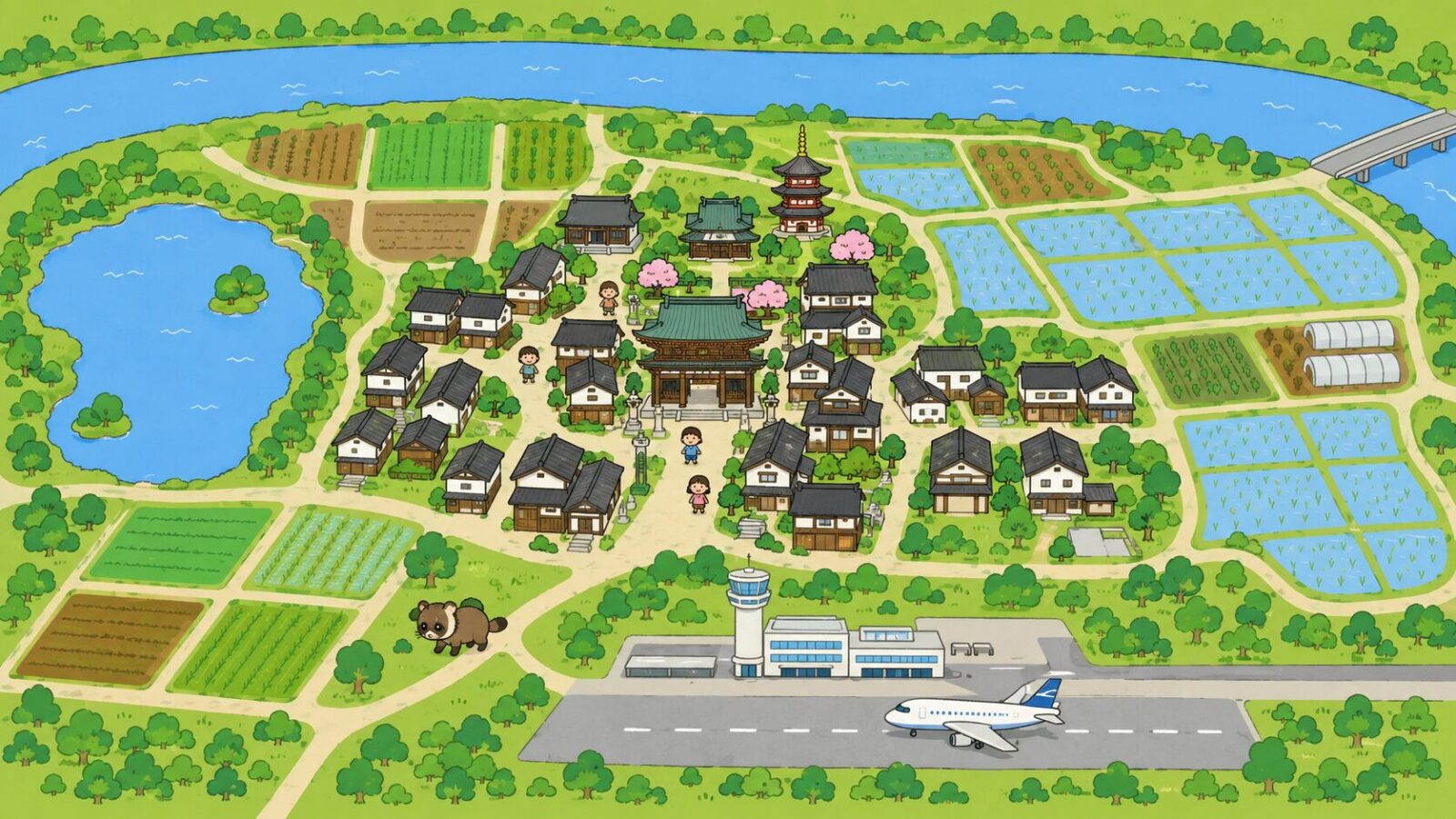 利根川・印旛沼・門前町・農地・空港からなる成田市の地形を地図風に描いたいらすとや風イラスト