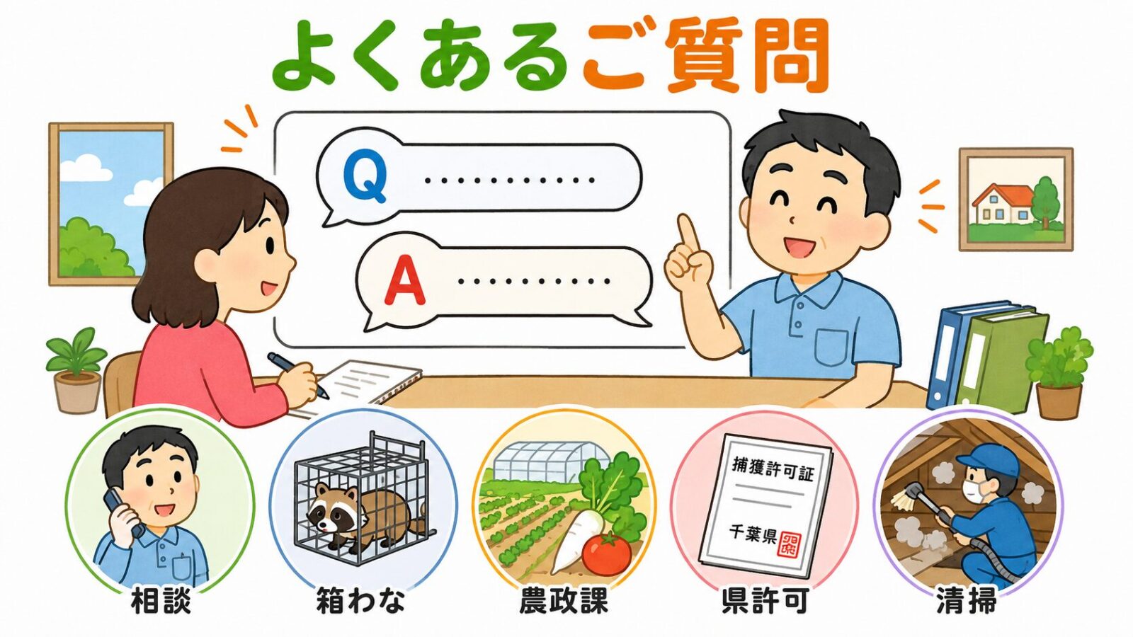 柏市のハクビシン駆除でよくある質問をQ&A形式で整理するいらすとや風イラスト