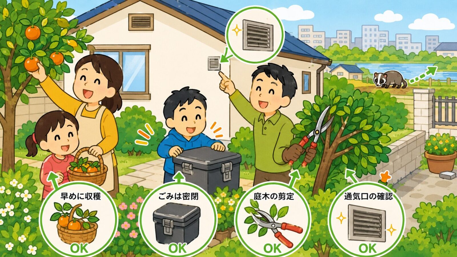 柏市の住宅で果実や生ごみ管理と侵入口点検を行う家族のいらすとや風イラスト