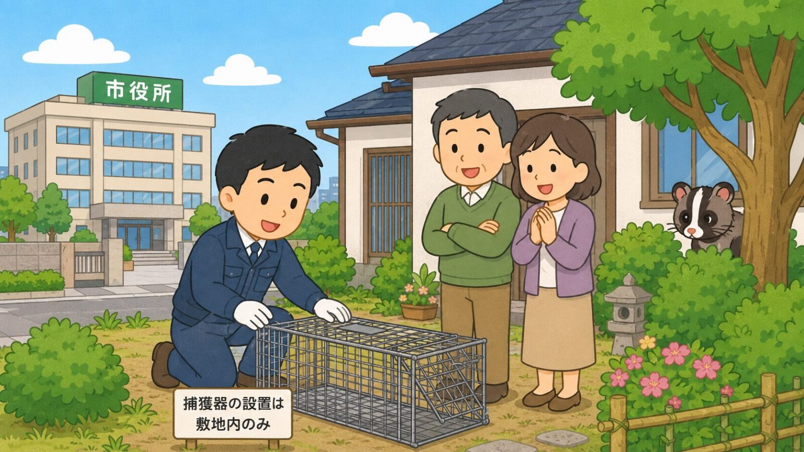 浦安市環境衛生課の職員が住宅の敷地内に捕獲器を設置し、住民が相談している様子を描いたいらすとや風イラスト