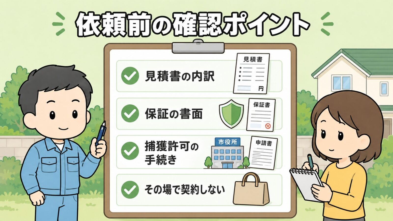 駆除ザウルスへの依頼の流れの図解。無料相談、現地調査と見積もり、内容確認と契約、施工、完了と保証開始の5つの手順と、各段階で確認したいポイントを道の上で守谷タクミが案内するいらすとや風イラスト。