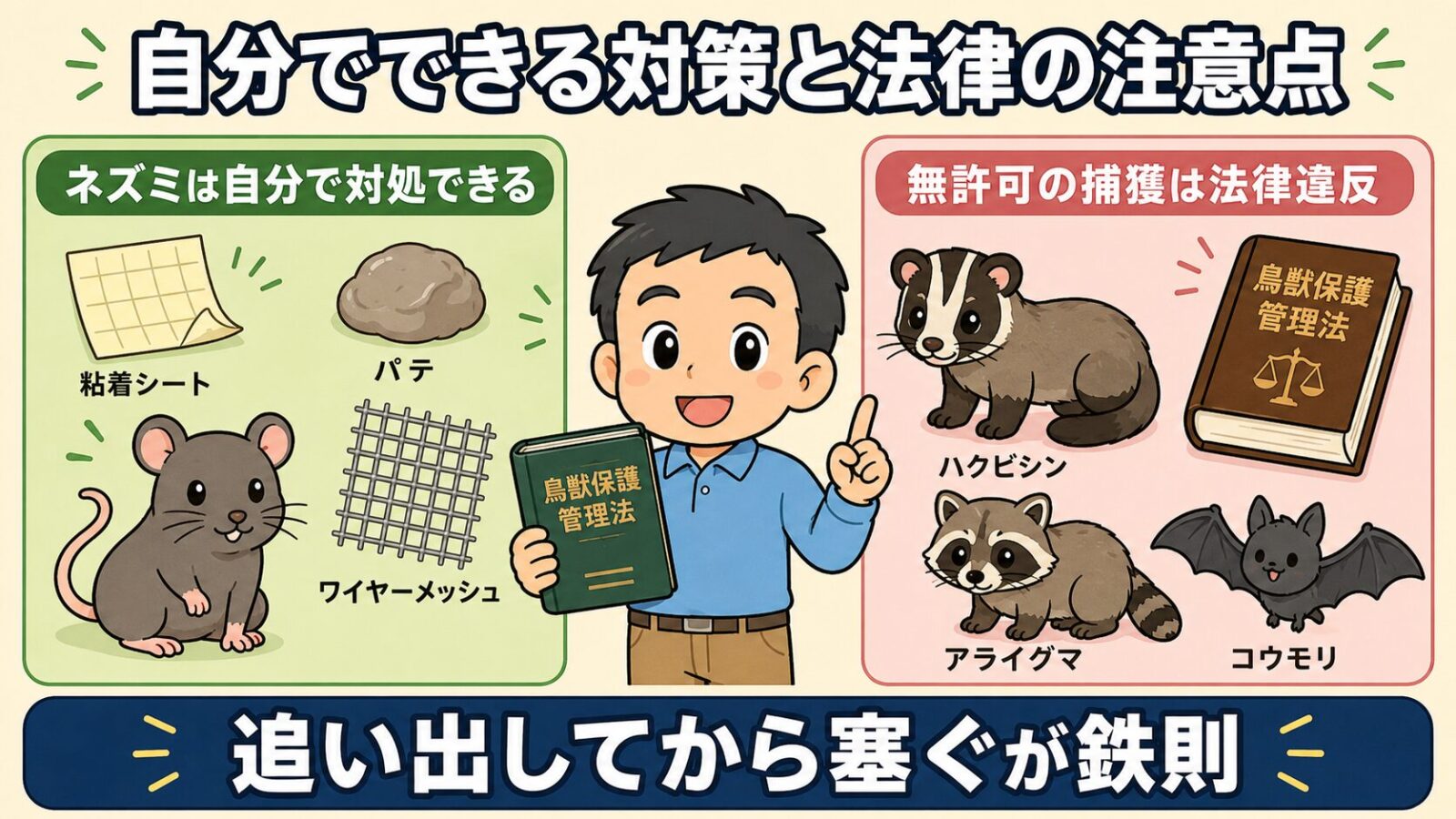 自分でできる対策と法律の注意点を左右に分けた図解。<br class=