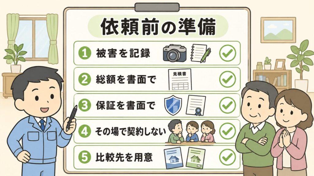 被害を記録・総額を書面で・保証を書面で・その場で契約しない・比較先を用意の5項目に緑の確認印を付けた依頼前の準備ボードを、ペンを持った獣害対策アドバイザーが家主夫婦に説明する、依頼前の安心チェックリストを表すいらすとや風イラスト