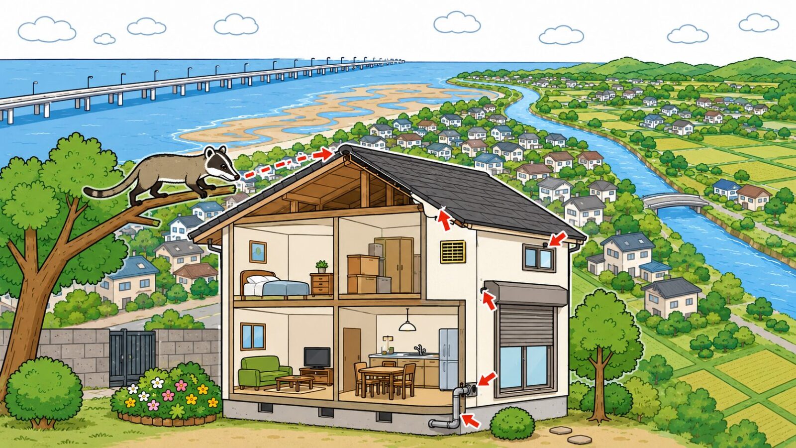 東京湾アクアラインと上総丘陵を背景に、木更津市の住宅の屋根まわりの侵入ポイントを図解したいらすとや風イラスト