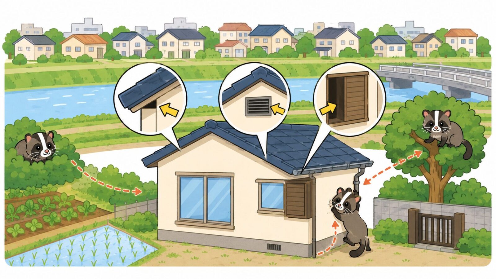 古利根川や江戸川沿いの平坦な春日部市の住宅地でハクビシンの侵入経路を示したいらすとや風イラスト