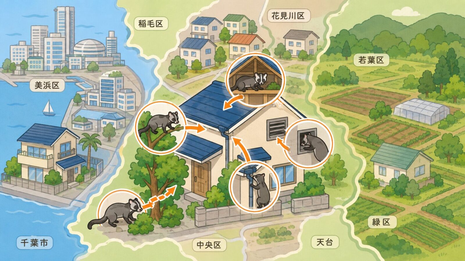 千葉市の中央区・花見川区・稲毛区・若葉区・緑区・美浜区の住宅地や緑地で、ハクビシンが庭木や雨どいから屋根裏へ侵入する経路を示すいらすとや風イラスト