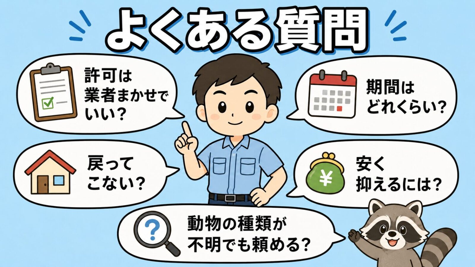 アライグマ駆除業者に関するよくある質問の図。許可は業者まかせでよいか・期間はどれくらいか・戻ってこないか・安く抑えるには・動物の種類が不明でも頼めるかという5つの疑問を、守谷タクミを囲む吹き出しで整理したいらすとや風イラスト。
