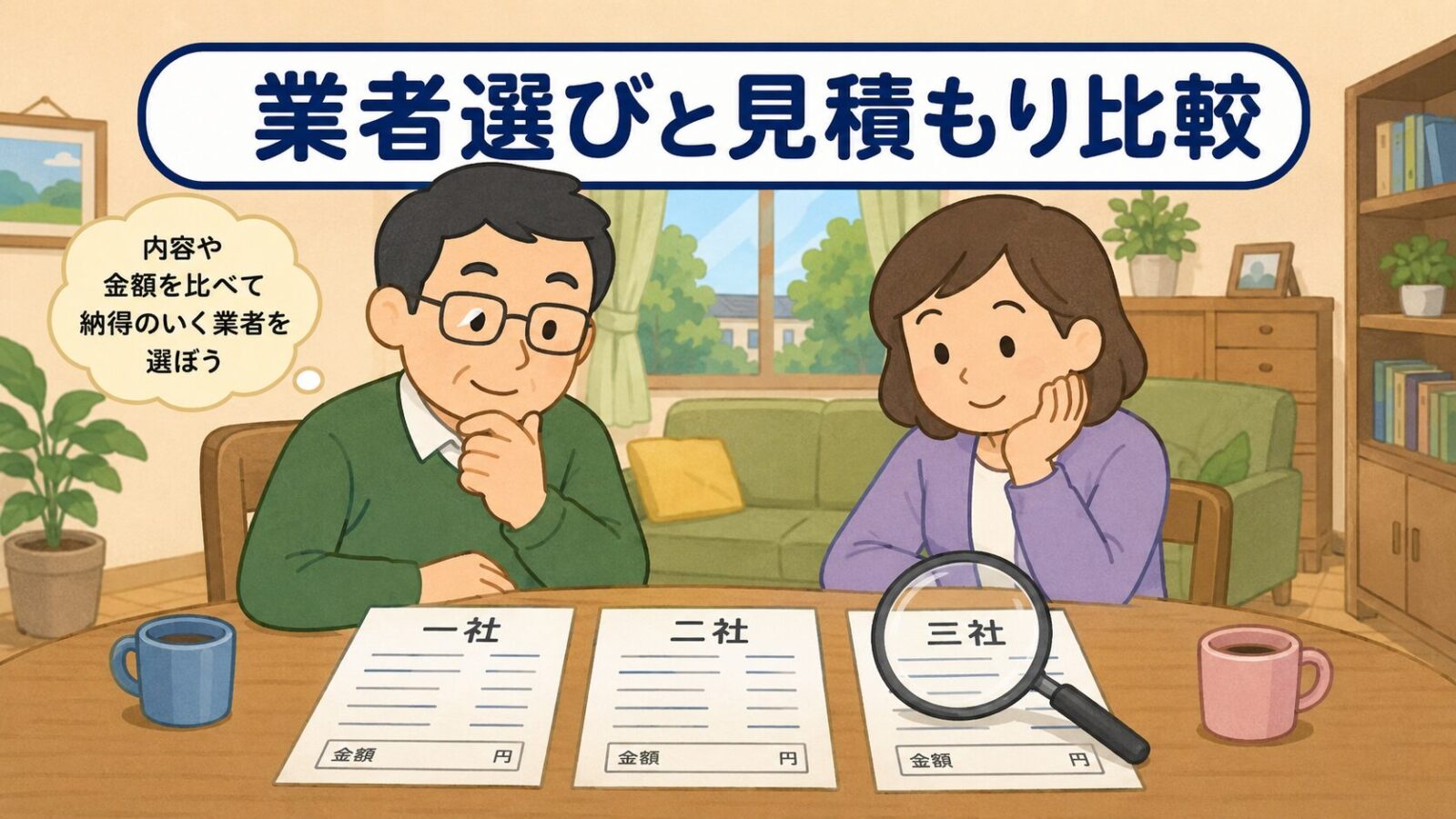 野田市の住民が害獣駆除業者3社の見積書を見比べている様子を描いたいらすとや風イラスト