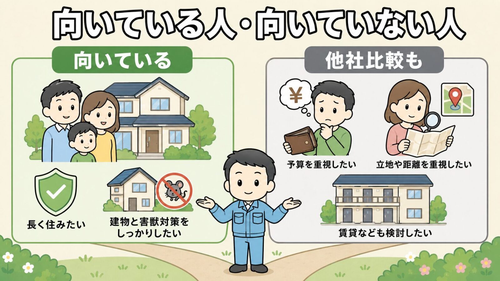 駆除ザウルスが向いている人と向いていない人の図解。自社施工と長期保証を重視する人・害獣と害虫をまとめて相談したい人に向き、とにかく費用を抑えたい人・営業所が遠い地域の人は他社比較もという整理を、道しるべの前で守谷タクミが示すいらすとや風イラスト。