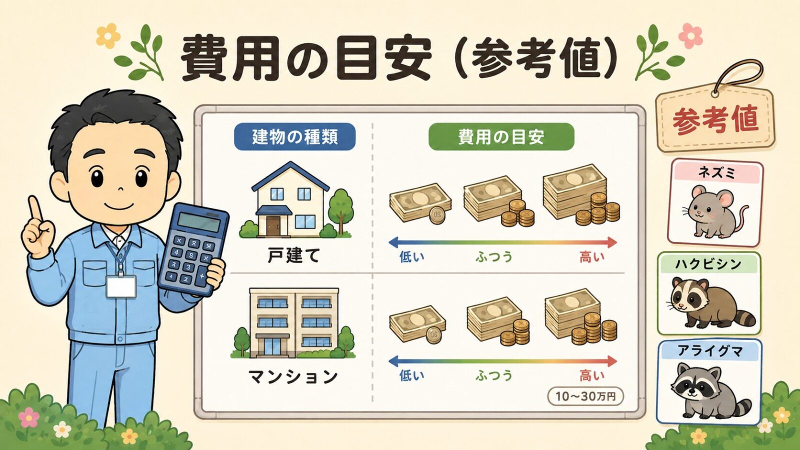 ハウスプロテクトの害獣別・建物別の費用目安の図解。戸建ては10〜30万円、マンション・集合住宅は3〜15万円という第三者調査の参考値と、ネズミ・ハクビシン・アライグマなど害獣別の一般相場を、電卓を持った守谷タクミが表で示すいらすとや風イラスト。