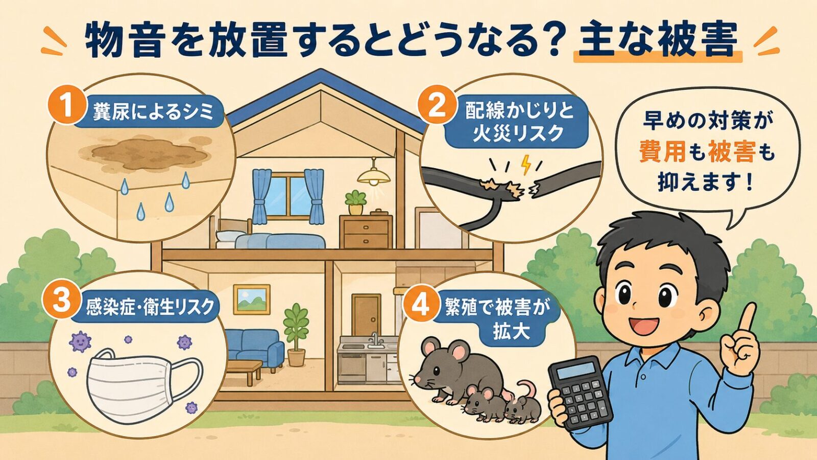 屋根裏の物音を放置した場合に広がる被害の図解。<br class=