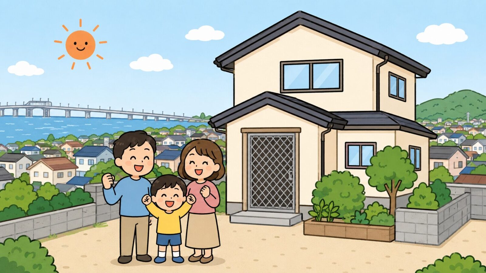 対策を終えた木更津市の住宅前で安心する家族と東京湾アクアライン方面の風景を描いたいらすとや風イラスト