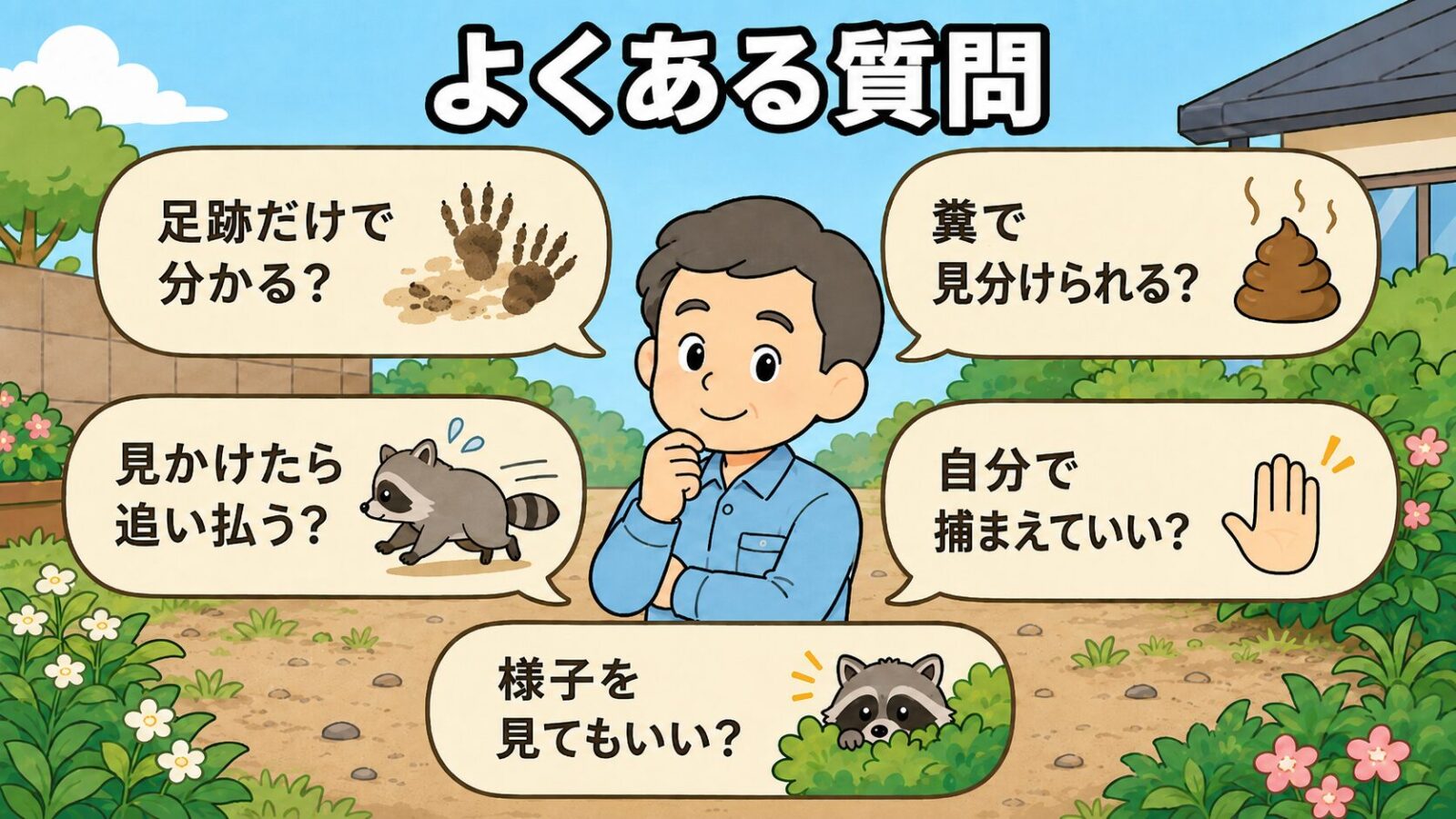 アライグマ被害のサインに関するよくある質問をまとめた図解。中央で守谷タクミが考える仕草をし、足跡だけで分かるか、糞で見分けられるか、見かけたら追い払うか、自分で捕まえてよいか、様子を見てもよいか、という5つの疑問を吹き出しで囲むように配置したいらすとや風イラスト。