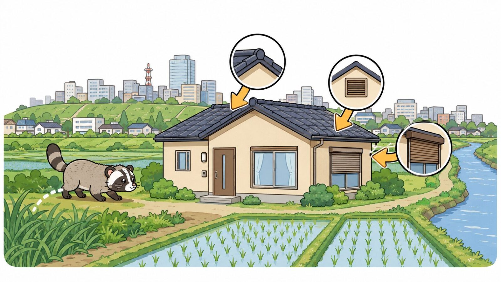 大宮台地と見沼田んぼ・荒川低地からなるさいたま市の住宅でハクビシンの侵入経路を示したいらすとや風イラスト