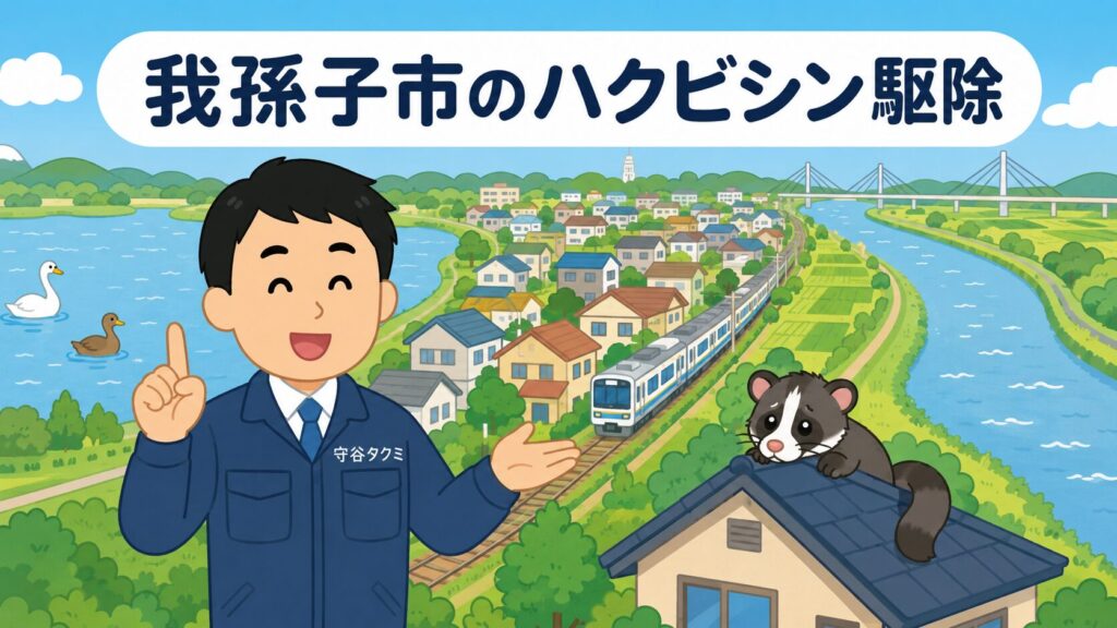 手賀沼と利根川に挟まれた台地・我孫子市の街並みを背景に、屋根からのぞくハクビシンと案内する守谷タクミを描いたいらすとや風イラスト
