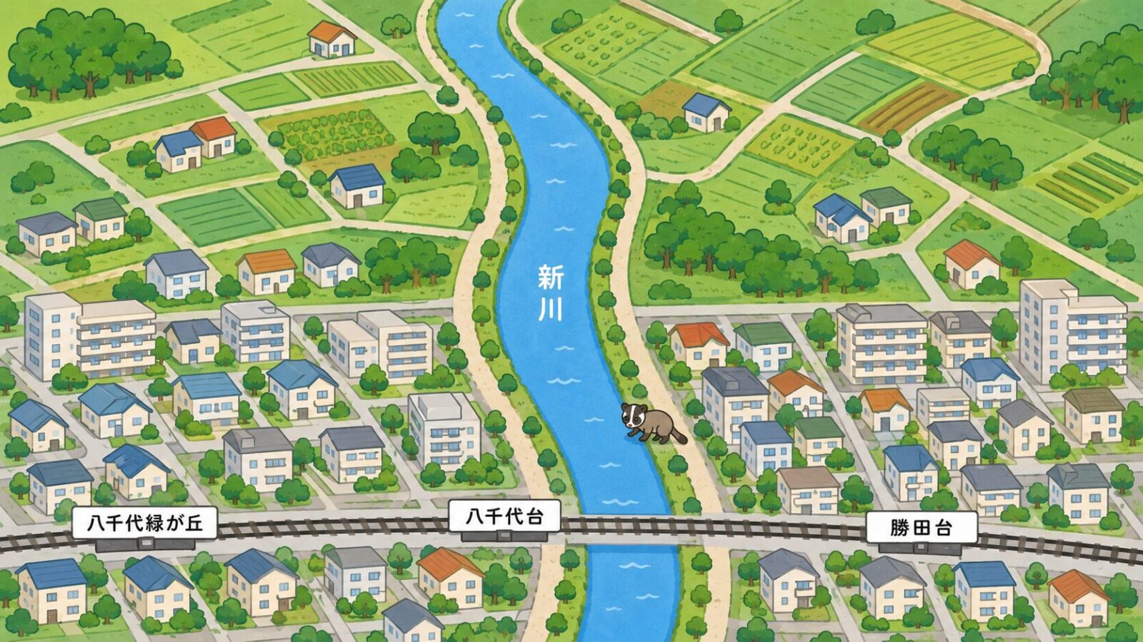 市の中央を南北に流れる新川と北部の農地、南部の住宅地の位置関係を描いた八千代市の地図風いらすとや風イラスト