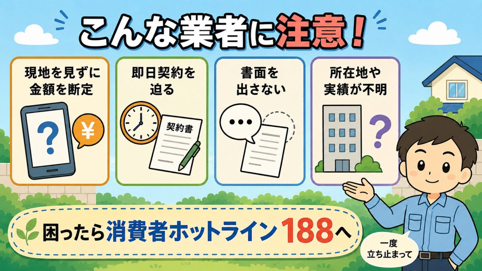 悪質業者を見分けるサインを示す図解。現地を見ずに金額を断定する・即日契約を迫る・書面を出さない・所在地や実績が不明の4つをカードで並べ、困ったときは消費者ホットライン188へ相談できることを守谷タクミが案内するいらすとや風イラスト。