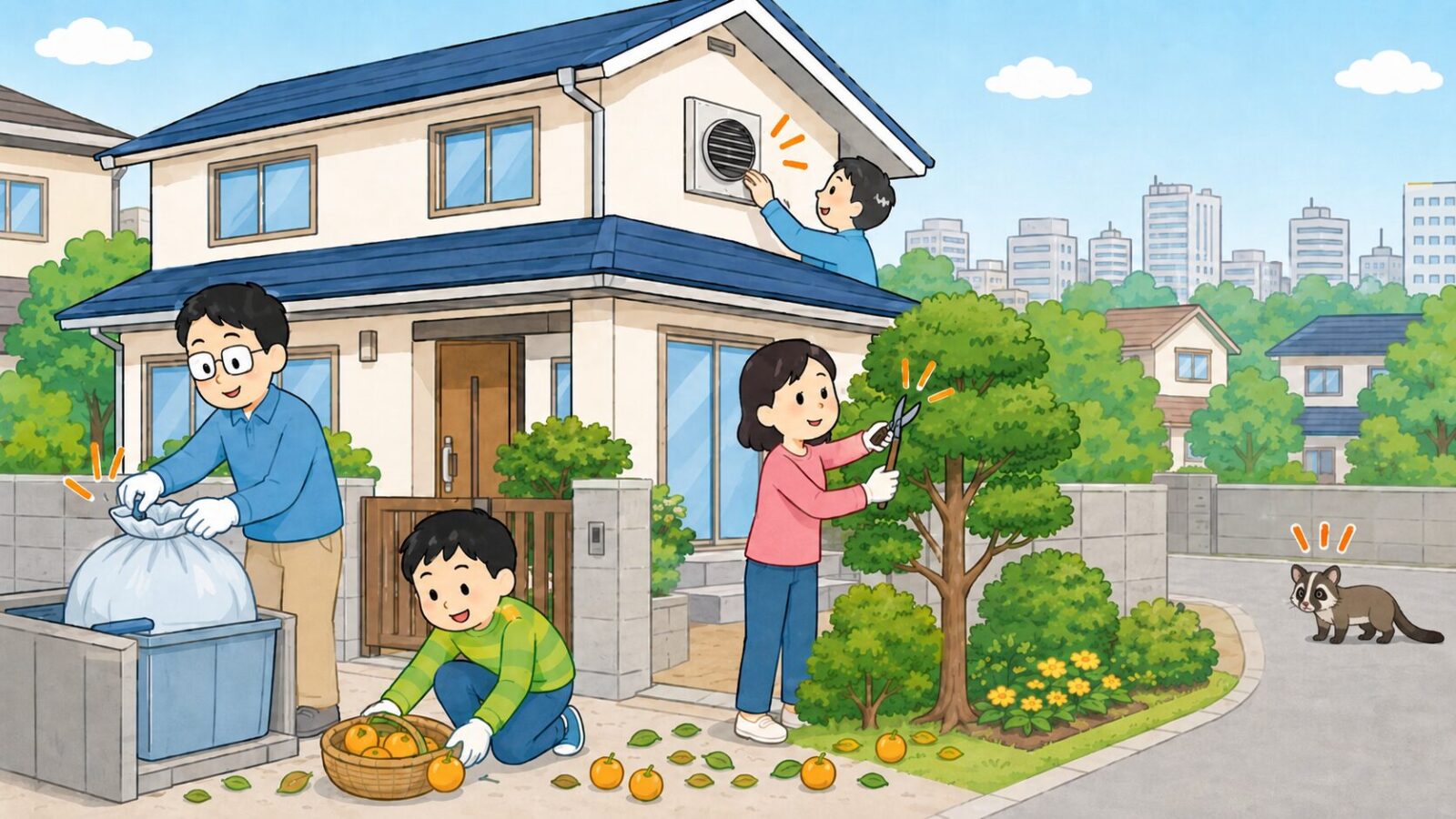 千葉市の戸建てで生ごみ管理、落果の片付け、庭木剪定、換気口点検などハクビシン予防を行う家族を描いたいらすとや風イラスト