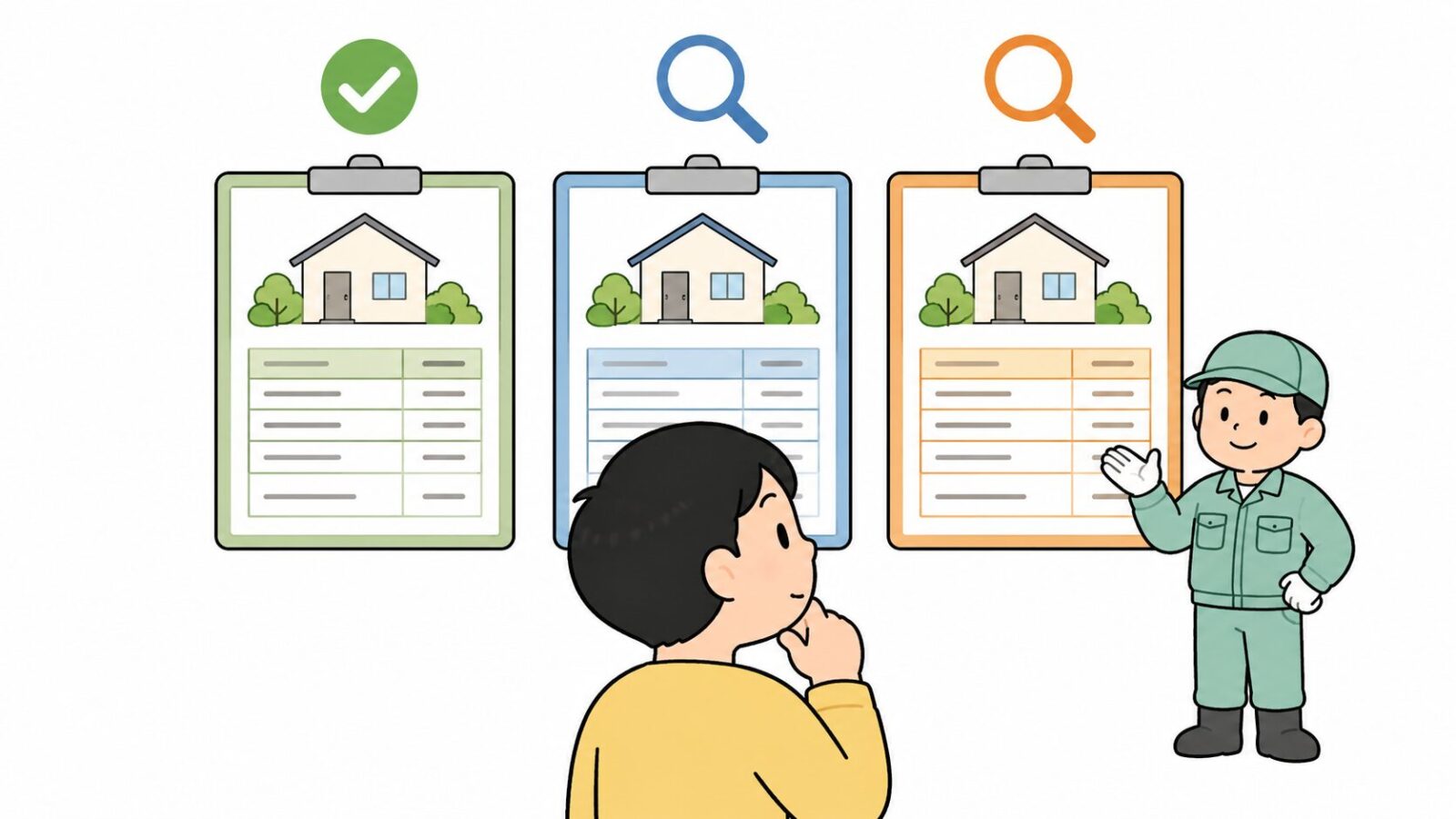 害獣駆除業者の見積書3枚を見比べる住民を描いたいらすとや風イラスト