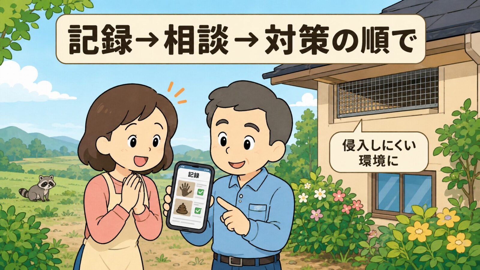 アライグマ被害のサインへの対応をまとめたイラスト。記録から相談、対策へと進む順序を上部に掲げ、笑顔の女性の隣で守谷タクミが足跡と糞の記録が並んだスマートフォンの画面を示し、右側の家では換気口に金網が取り付けられ、侵入しにくい環境にと伝えるいらすとや風イラスト。