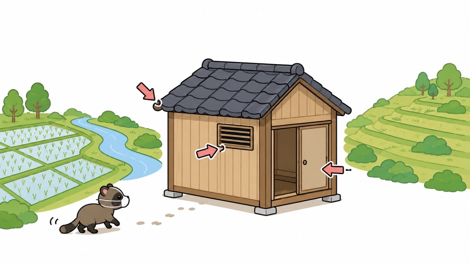 海老名市の水田地帯と住宅地でハクビシンの侵入経路を示すイラスト