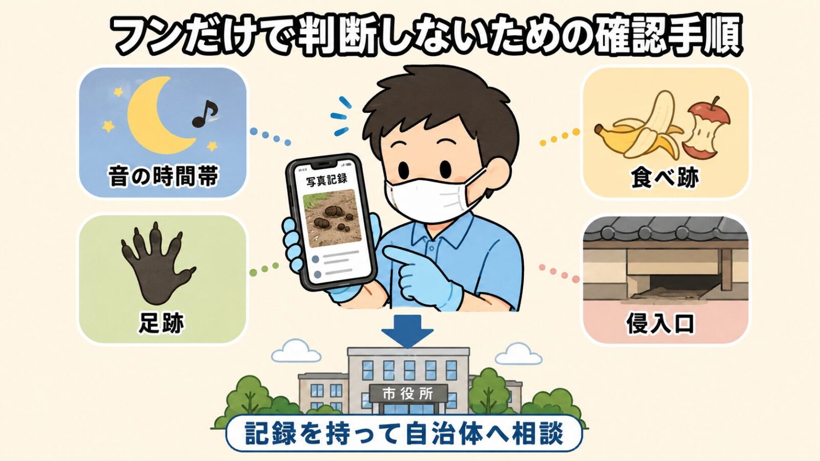 フンだけで種類を判断しないための確認手順を示した図解。中央でマスクと手袋を着けた守谷タクミが写真記録を表示したスマートフォンを掲げ、周囲に音の時間帯・足跡・食べ跡・侵入口の4つの手がかりを配置し、下部の市役所の建物へ矢印を伸ばして記録を持って自治体へ相談するよう促すいらすとや風イラスト。
