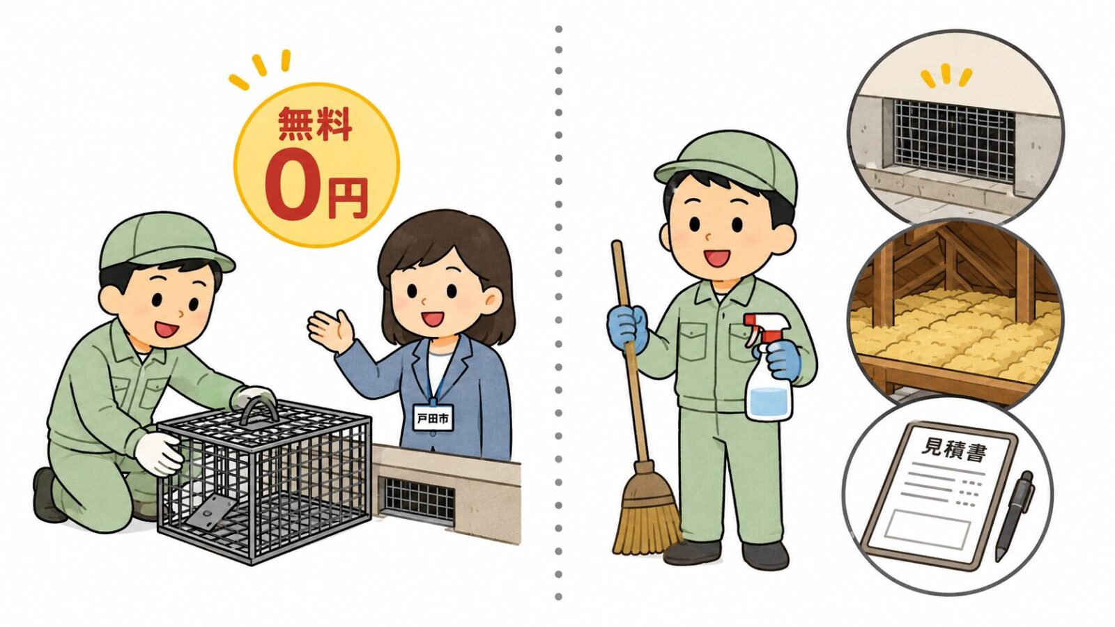 戸田市の無料の箱わな捕獲でカバーされる範囲と民間業者に依頼する清掃・封鎖作業の役割分担を比較したいらすとや風イラスト