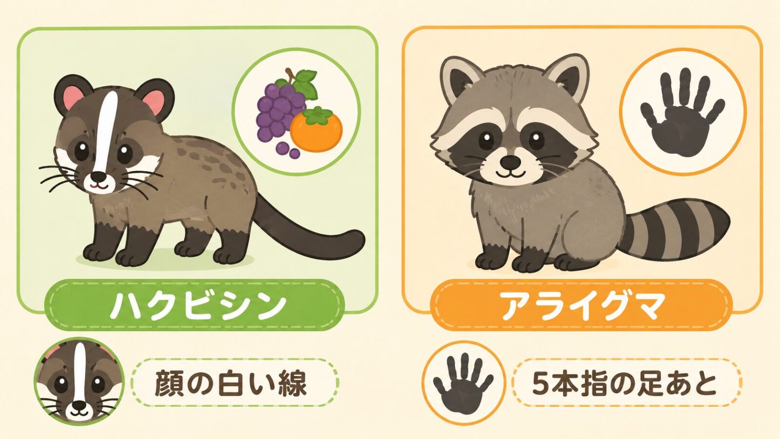 ハクビシンとアライグマの外見と足跡の特徴を図鑑風に比較したいらすとや風イラスト