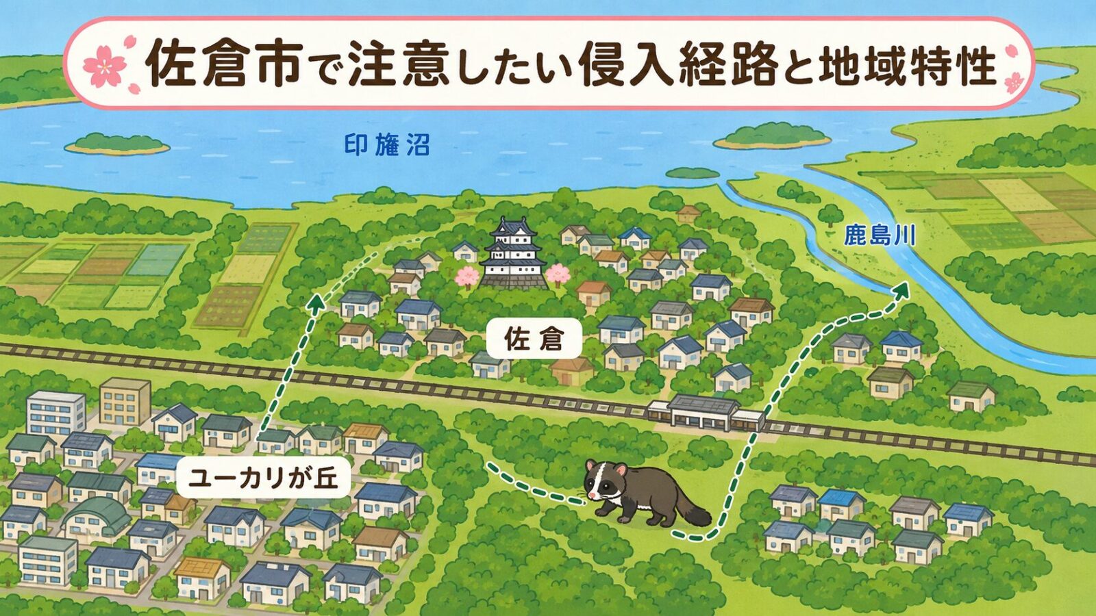 北部の印旛沼と下総台地の農地・住宅地、ユーカリが丘や城下町の位置関係を描いた佐倉市の地図風いらすとや風イラスト