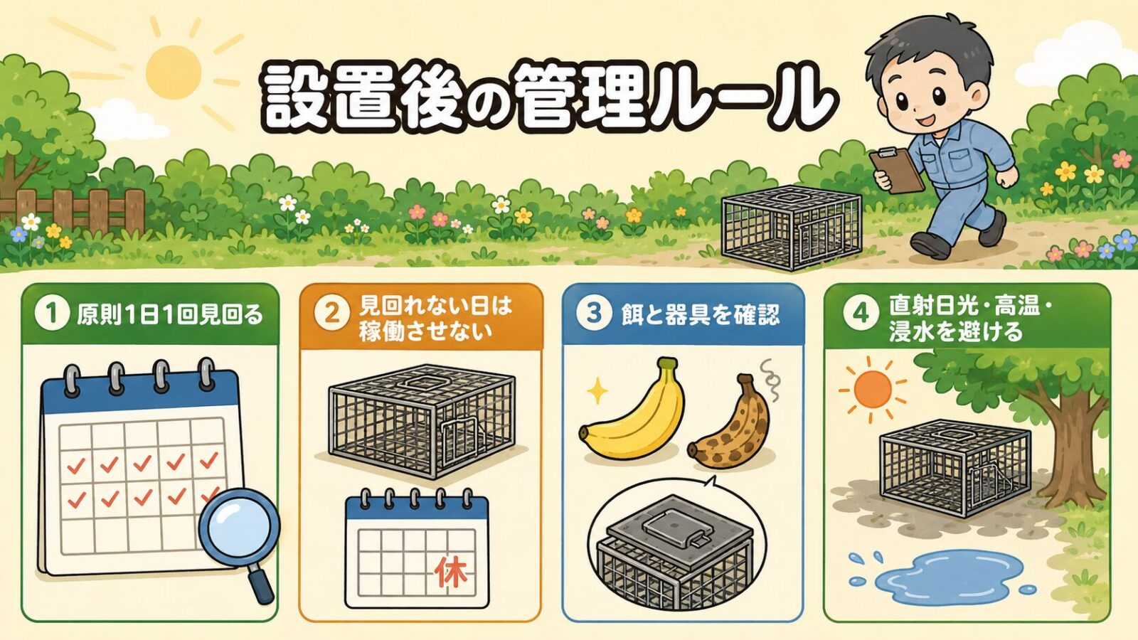 捕獲器設置後の見回りと管理ルールの図解。<br><br>毎日1回以上の見回り、回収できない日は稼働させない運用、餌と器具の点検、直射日光・高温・浸水を避ける配慮の4つのルールをカレンダーとチェックリストで守谷タクミが示すいらすとや風イラスト。