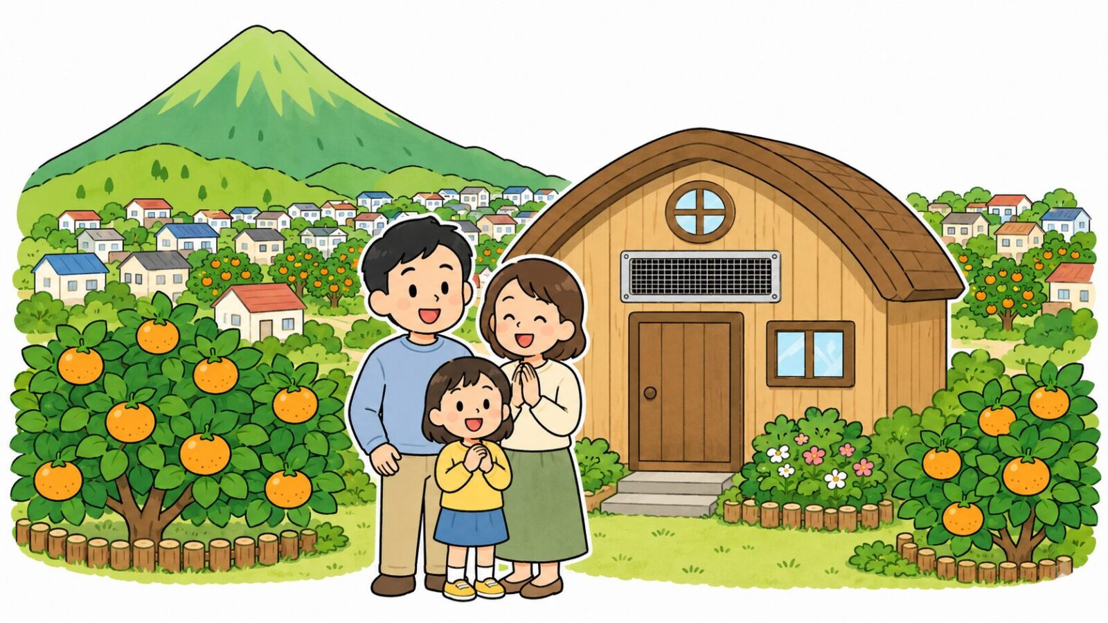 対策を終えた伊勢原市の住宅の前で安心する家族と大山の山並みを描いたいらすとや風イラスト