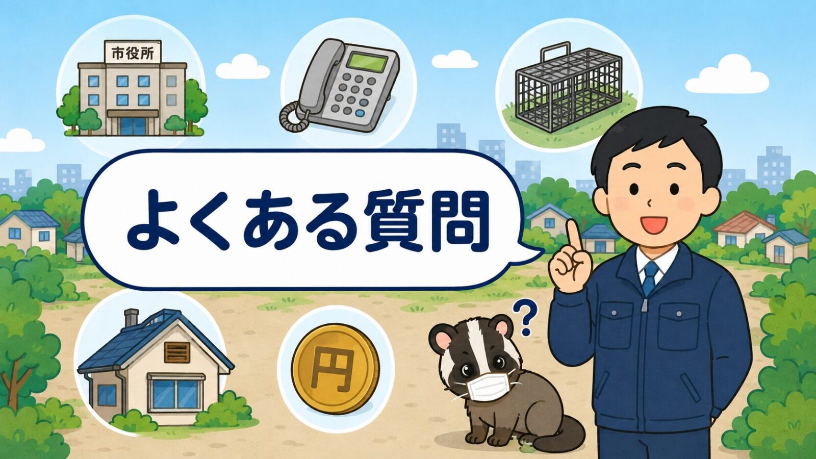 野田市のハクビシン駆除に関するよくある質問を市役所や電話のアイコンとともに表したいらすとや風イラスト