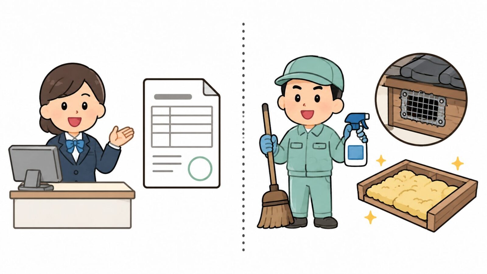 川越市の窓口でできる許可手続きと民間業者に依頼する清掃・封鎖作業の役割分担を比較したいらすとや風イラスト