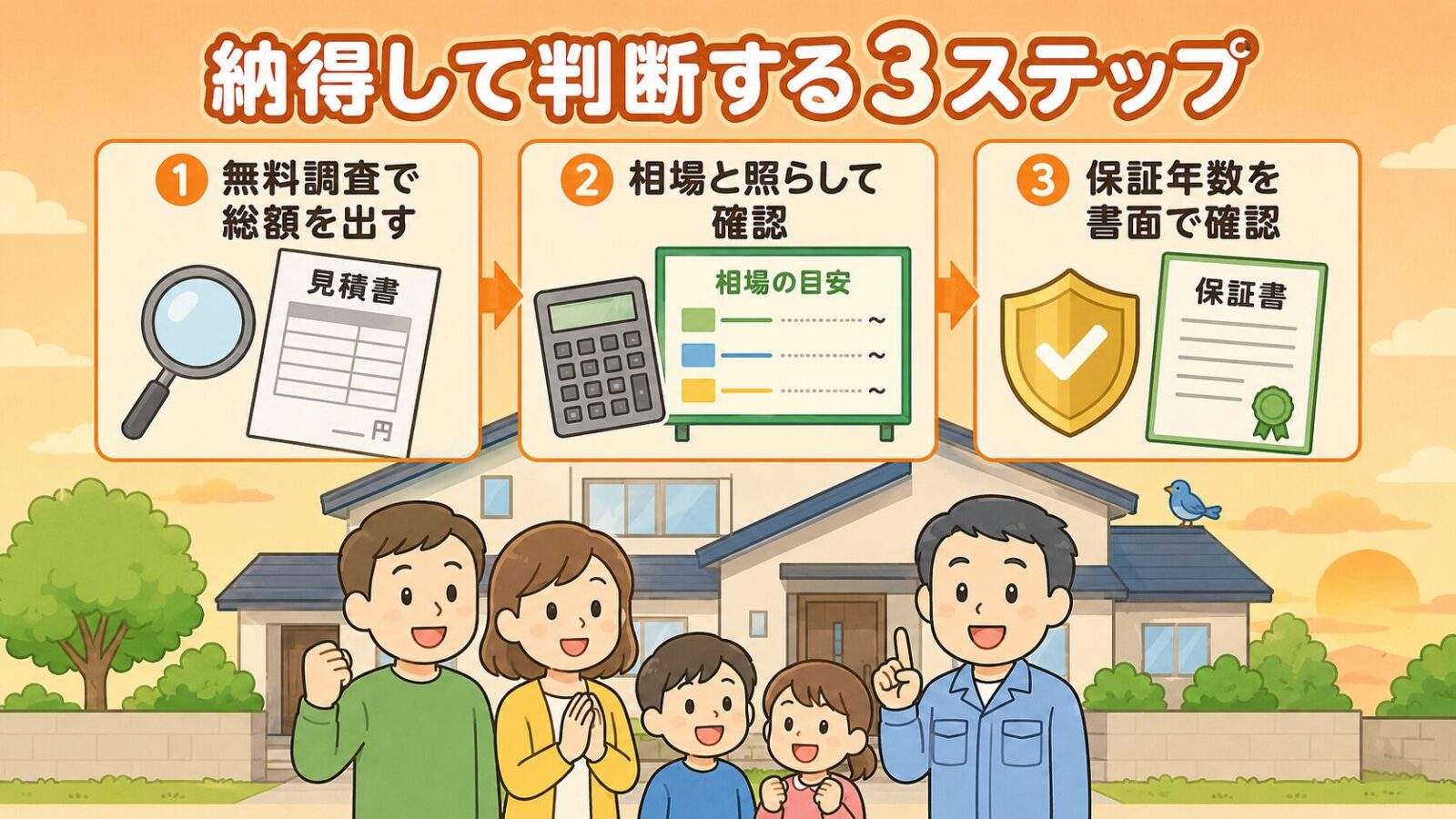 駆除ザウルスの料金まとめの図解。無料調査で総額を出す・相場と照らして確認する・保証年数を書面で確認するの3ステップで納得して判断できることを、安心した表情の家族と守谷タクミが示すいらすとや風イラスト。