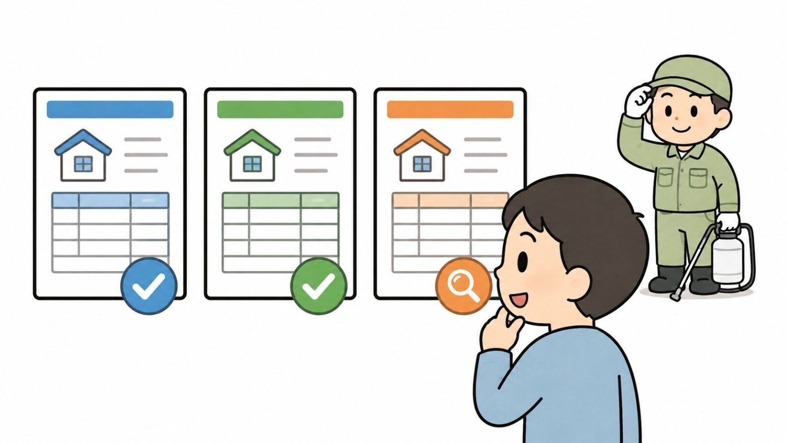 害獣駆除業者の見積書3枚を見比べる住民を描いたいらすとや風イラスト