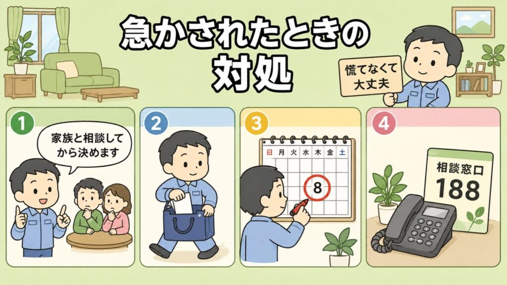 家族と相談してから決めますと伝える、見積書をかばんにしまって持ち帰る、カレンダーの8日に印を付ける、相談窓口188の電話を確認するという4つの手順を並べ、慌てなくて大丈夫の札を添えた、急かされたときの対処と断り方を表すいらすとや風イラスト