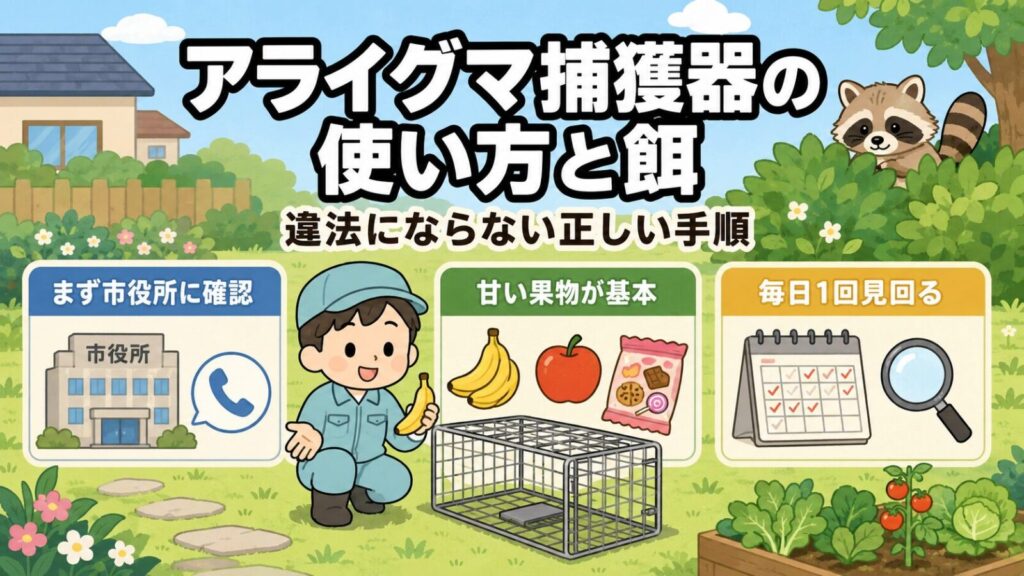 アライグマ捕獲器の使い方と餌のメインアイキャッチ。まず市役所に確認・甘い果物が基本・毎日1回見回るの3つを、箱わなとバナナを持った守谷タクミが庭で案内するいらすとや風イラスト。