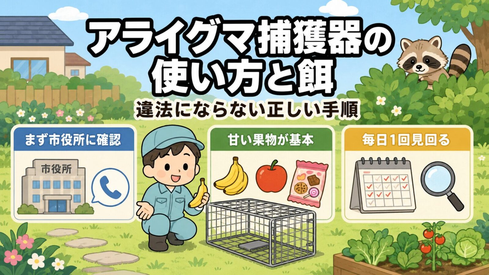 アライグマ捕獲器の使い方と餌のメインアイキャッチ。まず市役所に確認・甘い果物が基本・毎日1回見回るの3つを、箱わなとバナナを持った守谷タクミが庭で案内するいらすとや風イラスト。