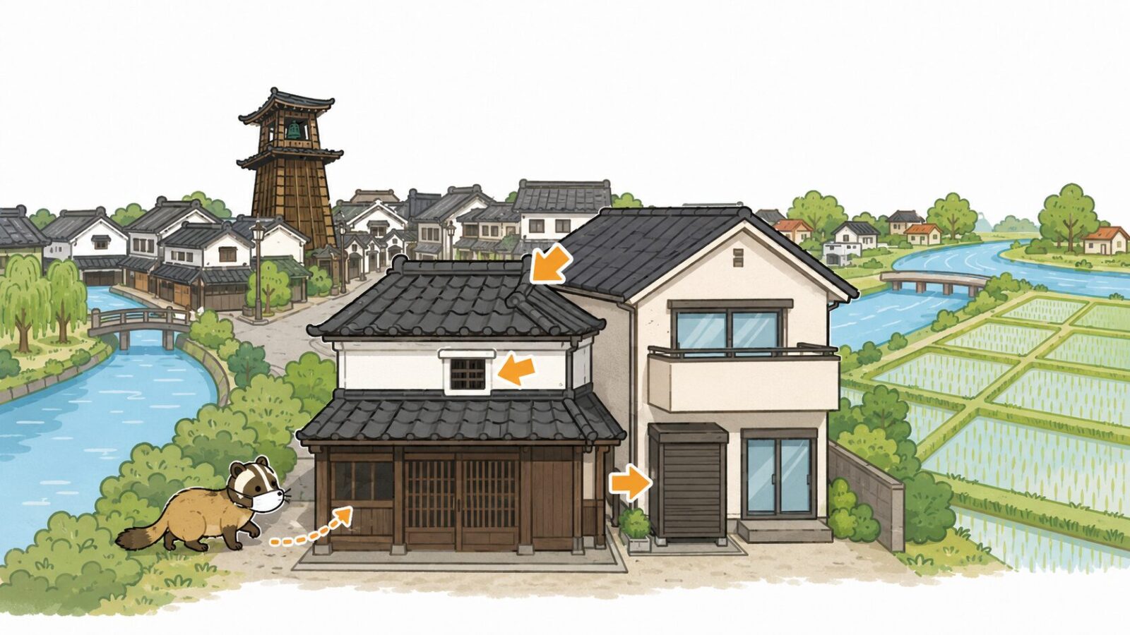 蔵造りの古い木造建築と入間川・新河岸川・伊佐沼周辺の水田が隣り合う川越市でハクビシンの侵入経路を示したいらすとや風イラスト