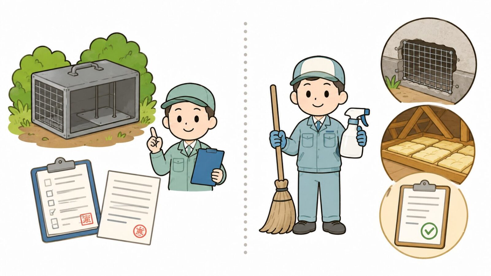上尾市の窓口で相談できる範囲と民間業者に依頼する屋根裏作業の役割分担を比較したいらすとや風イラスト