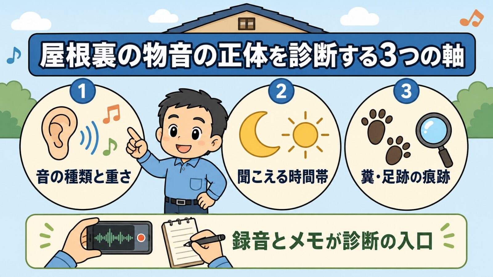 屋根裏の物音の正体を推測する3つの軸を示す図解。<br class=