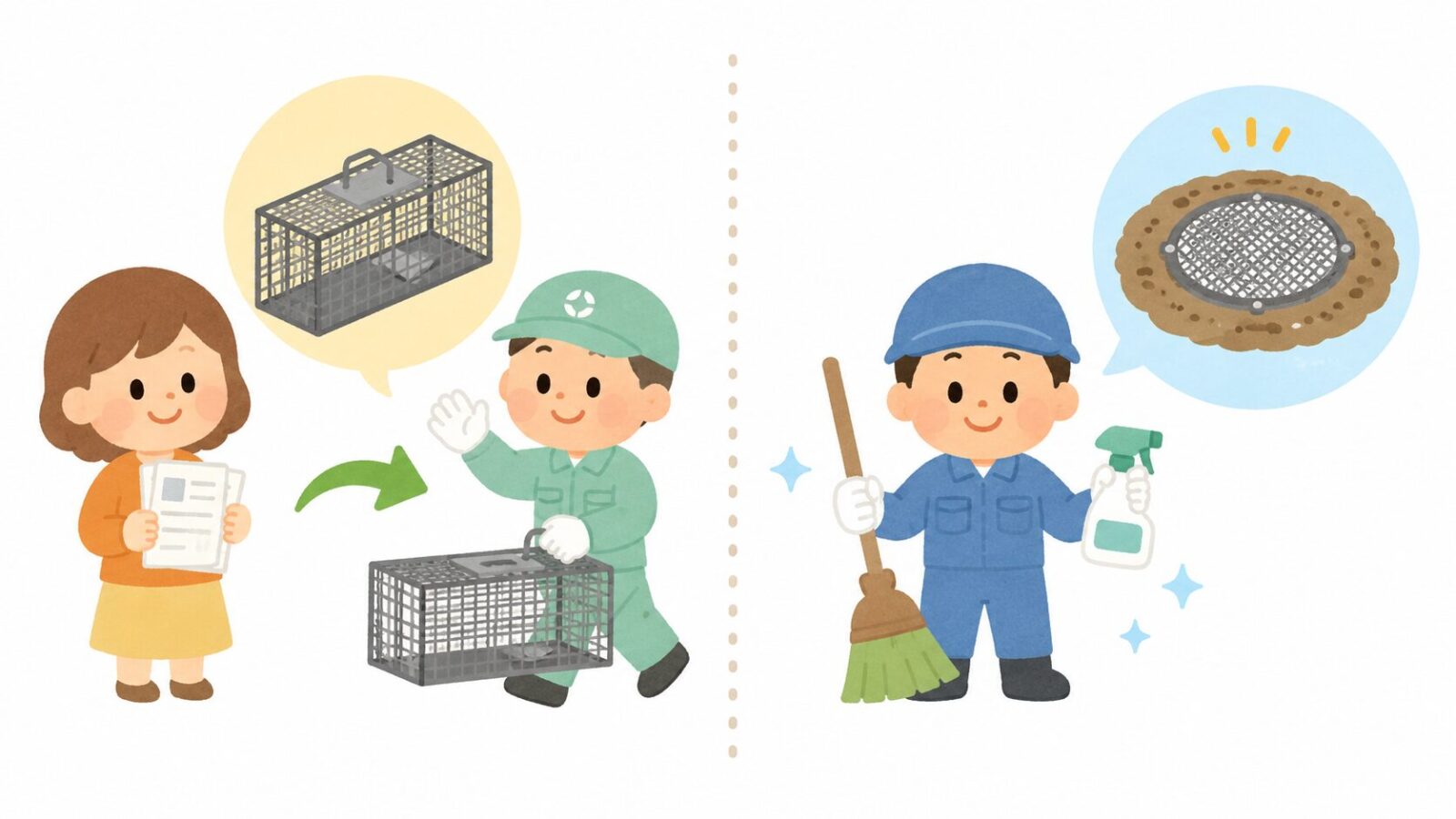 大和市の捕獲制度と民間業者の作業範囲を比較したイラスト