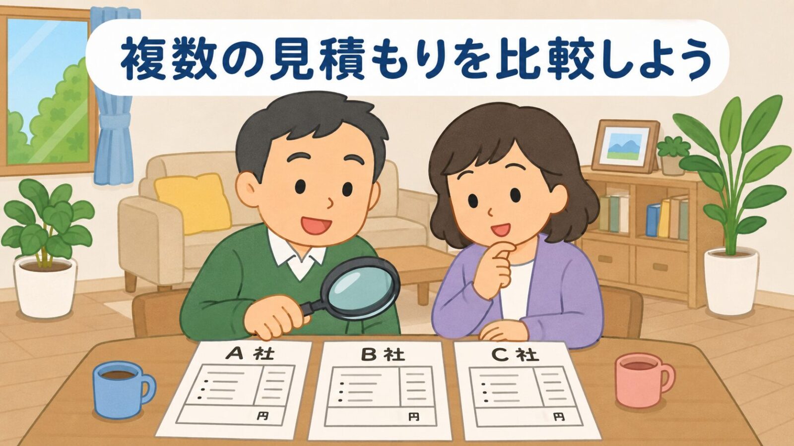 浦安市の住民が害獣駆除業者3社の見積書を見比べている様子を描いたいらすとや風イラスト