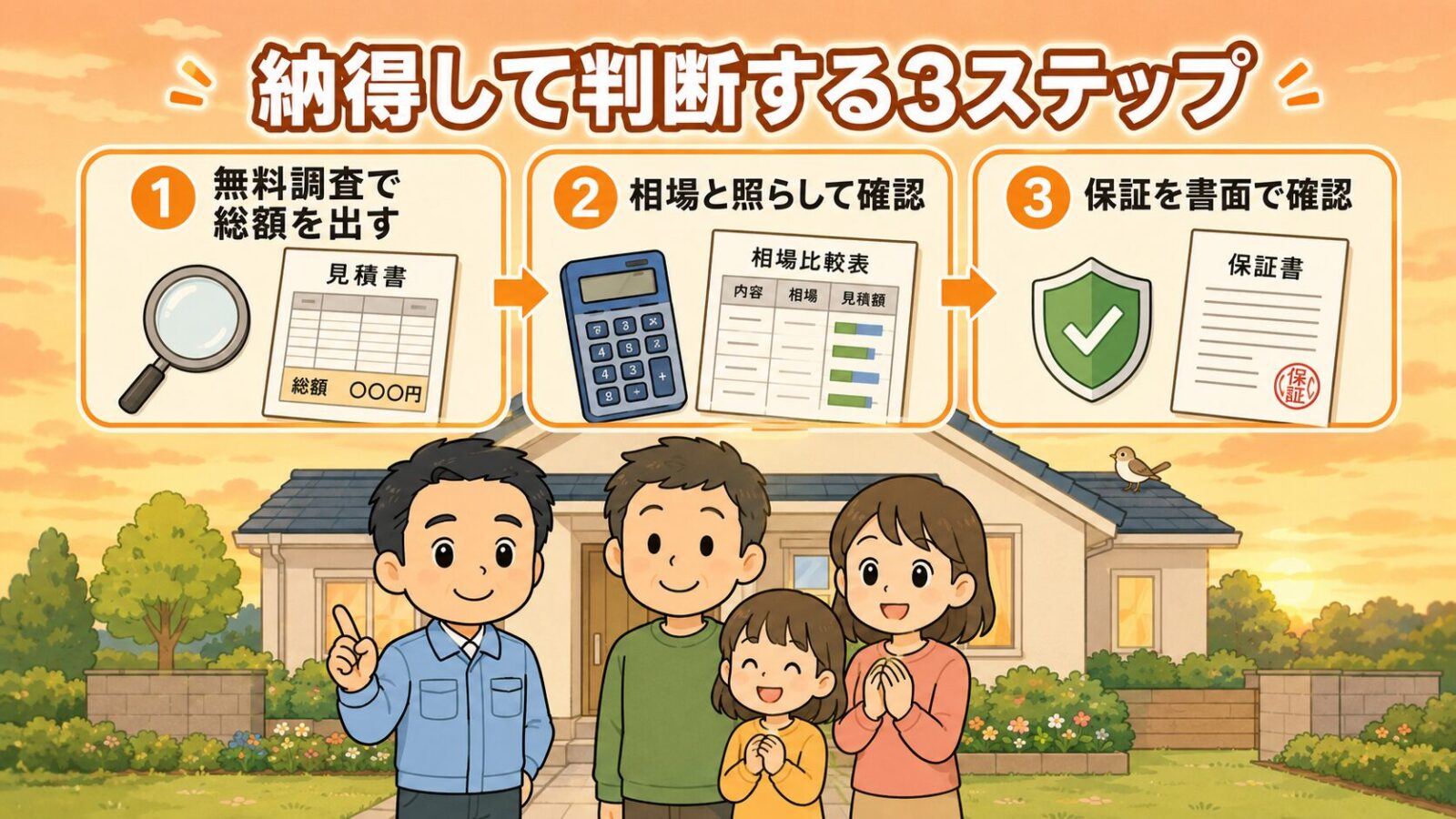ハウスプロテクトの料金まとめの図解。無料調査で総額を出す・相場と照らして確認する・保証内容を書面で確認するの3ステップで納得して判断できることを、安心した表情の家族と守谷タクミが示すいらすとや風イラスト。