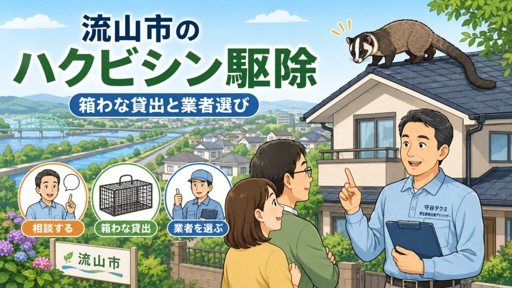 流山市の住宅と江戸川・利根運河を背景に守谷タクミとハクビシンを描いたメインアイキャッチ