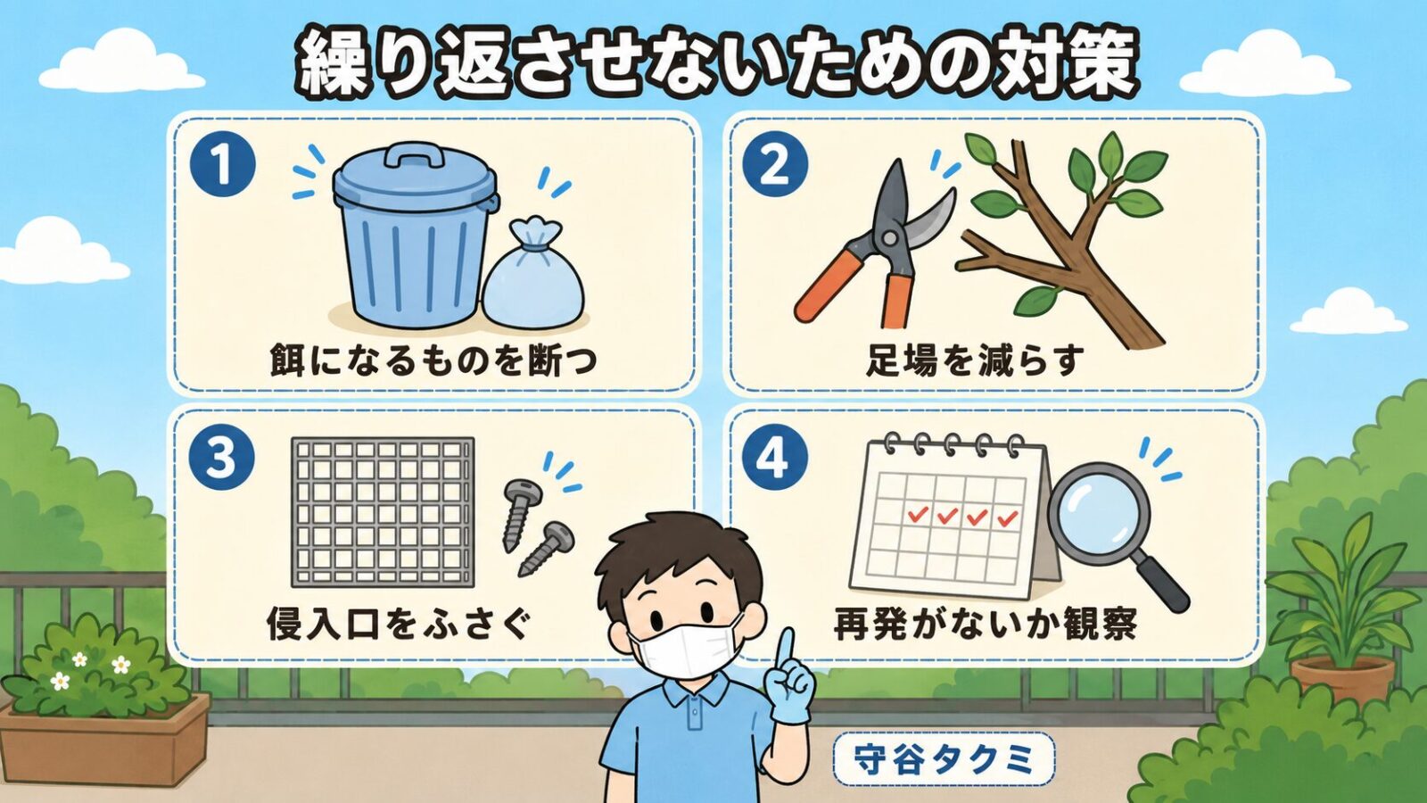 アライグマのフン被害を繰り返させないための対策4項目を示した図解。ふた付きのごみ箱で餌になるものを断つ、剪定ばさみで足場を減らす、金網とネジで侵入口をふさぐ、カレンダーと虫めがねで再発がないか観察する、の4つを並べ、中央下でマスク姿の守谷タクミが指を立てて解説するいらすとや風イラスト。